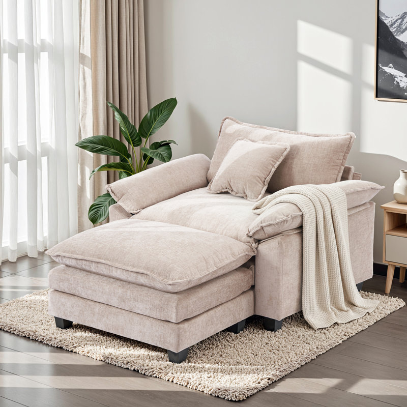 Ebern Designs 40.15" Wide Chenille Oversized Accent Chair with Ottoman, Khaki