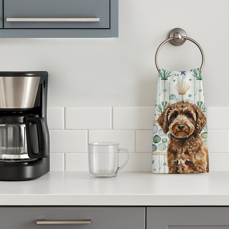 Spanish Water Dog Coastal Sea Glass Kitchen Towel, Spanish Water Dog