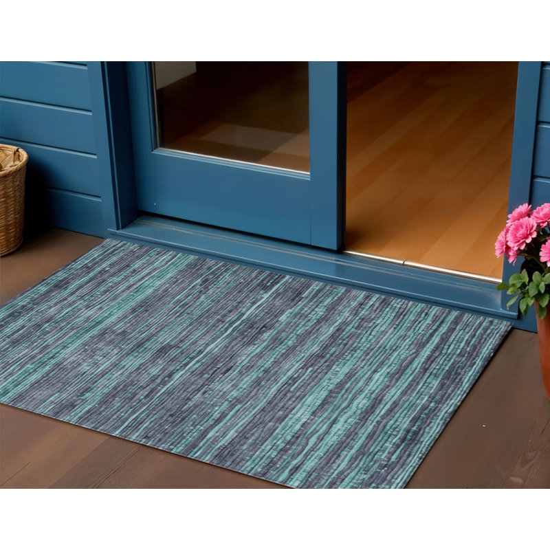 3' X 5' Teal Blue And Gray Striped Washable Indoor Outdoor Area Rug
