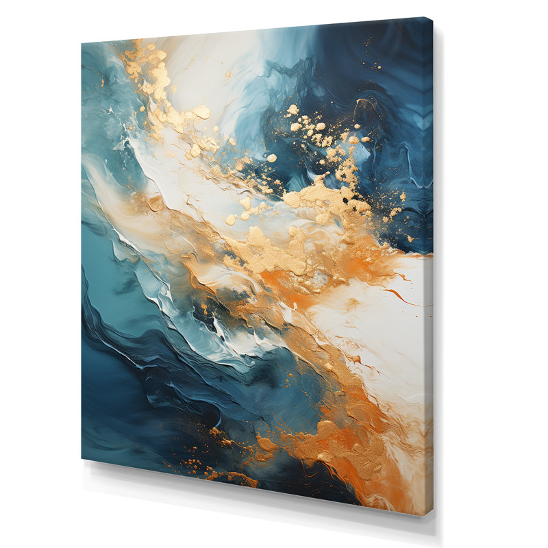 Décoration murale moderne « Rivière côtière bleue et or » - Plage et océan pour le salon, H 32 po x l 16 po x P 1 po