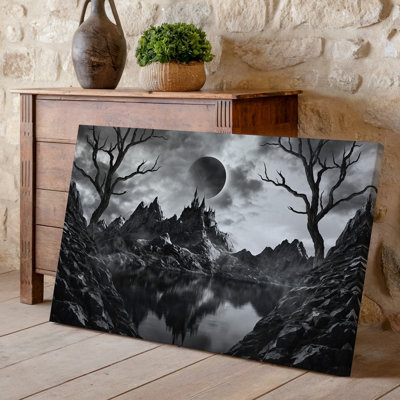 Toile, art monochromatique dramatique avec un château sombre et sinueux perché sur des montagnes dentelées sous un orage tourbillonnant