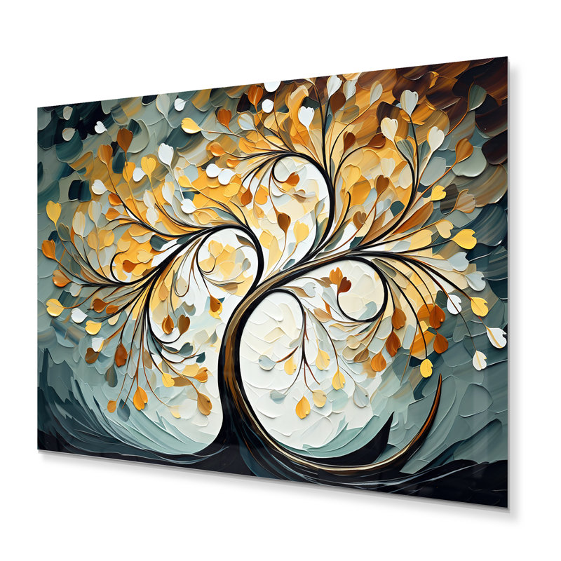 Décoration murale en métal jaune avec arbres majestueux jaune et gris, H 34 po x l 44 po
