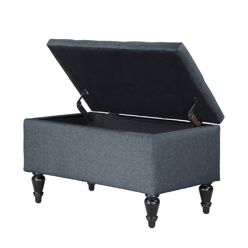 Banc de rangement rembourré avec pieds en bois massif Balcom, H 17 po x l 29 po x P 17 po, Bleu denim