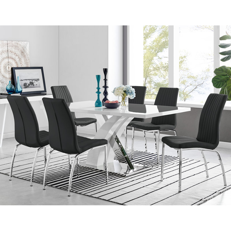 Marietta Chrome Metal and White High Gloss Dining Table Set - 6 Luxury Soft Touch Dining Chairs, Black
