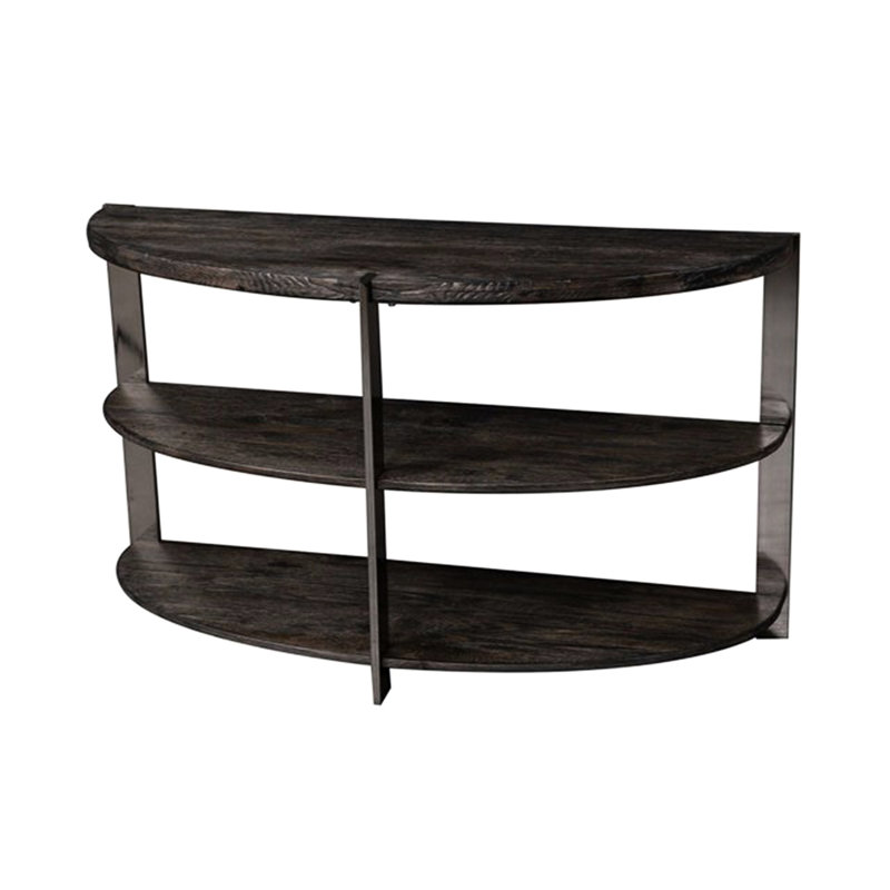 Élégante console en forme de demi-lune, 2 tablettes ouvertes, finition gris anthracite et décorations en métal pour la chambre à coucher, le salon, la table de vestibule contemporaine, gris