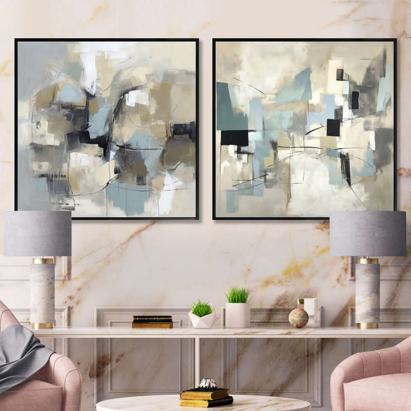 Beige et gris, créativité sans limite - ensemble de 2 collages carrés de peinture abstraite, Cadre flottant noir