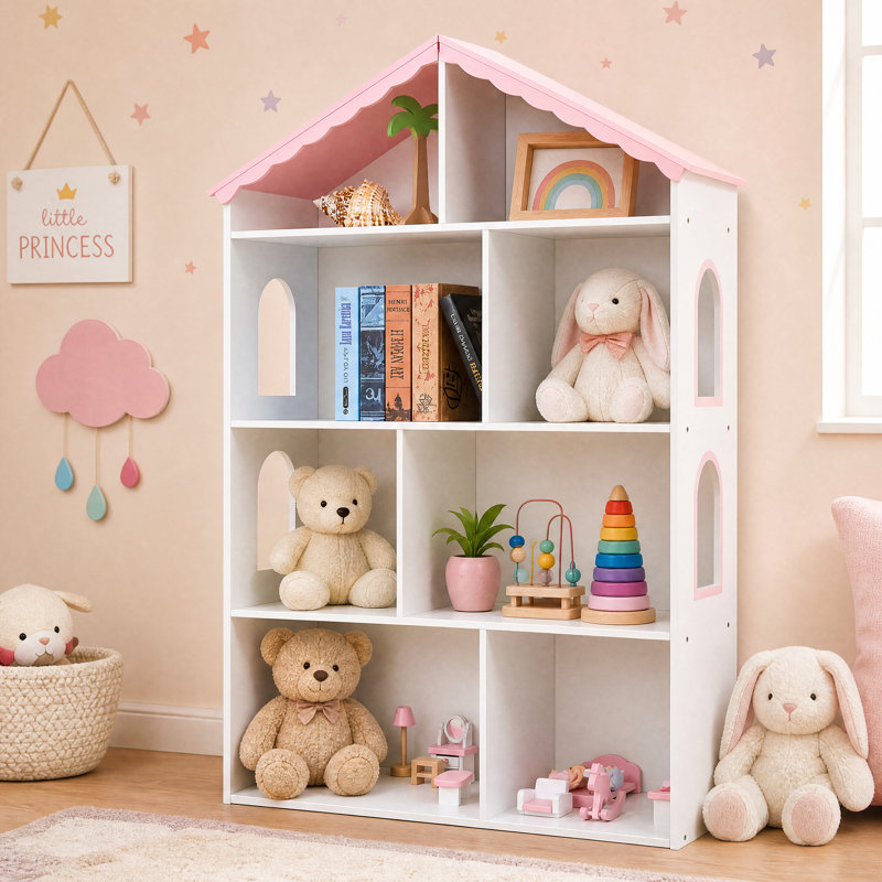 Bibliothèque en bois pour maison de poupée avec rangement à 4 niveaux pour enfants, blanc et rose avec toit