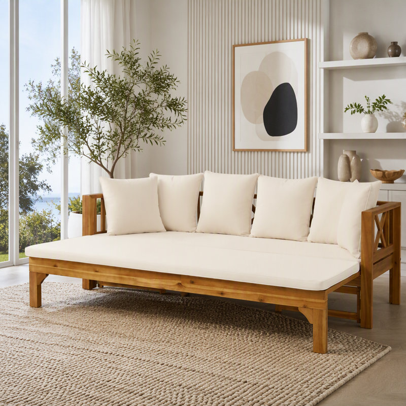 Canapé d'extérieur d'extérieur en bois d'acacia, Tissu blanc