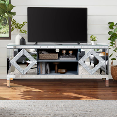 Mirrored TV Stand For 65+ Inch TV,Sliver TV Console Table With Open Storage & 2 Storage Cabinets ,Diamond Shape Sparkling Mirror Doors For Living Room(59''W X 25.2''H X 15.7D)