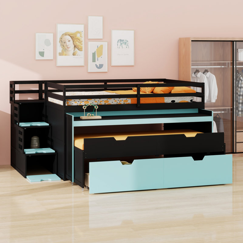 Lit mezzanine Gaming équipé d'un bureau coulissant, d'un lit gigogne et de 2 tiroirs de rangement, Full XL, Black+Blue