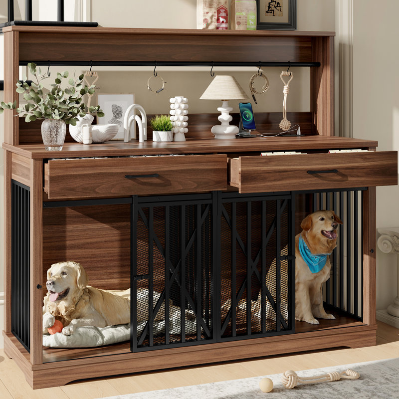 Cage pour chien à double couche avec verrous de séparation, beaucoup de rangement pour la nourriture pour animaux de compagnie, peut être utilisée comme table de bout, gros meubles brun ou deux chiens de taille moyenne, conception, portes de grange coulissantes rétro,
