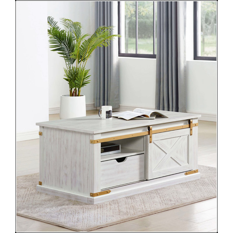 Table basse de style rustique blanc antique avec tiroir et tablettes ouvertes pour le salon