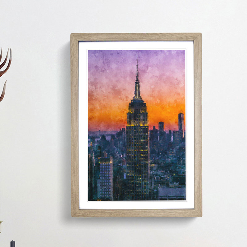 Empire State Building Sunset Framed Print, 87cm H x 62cm W x 2cm D, Oak Framed