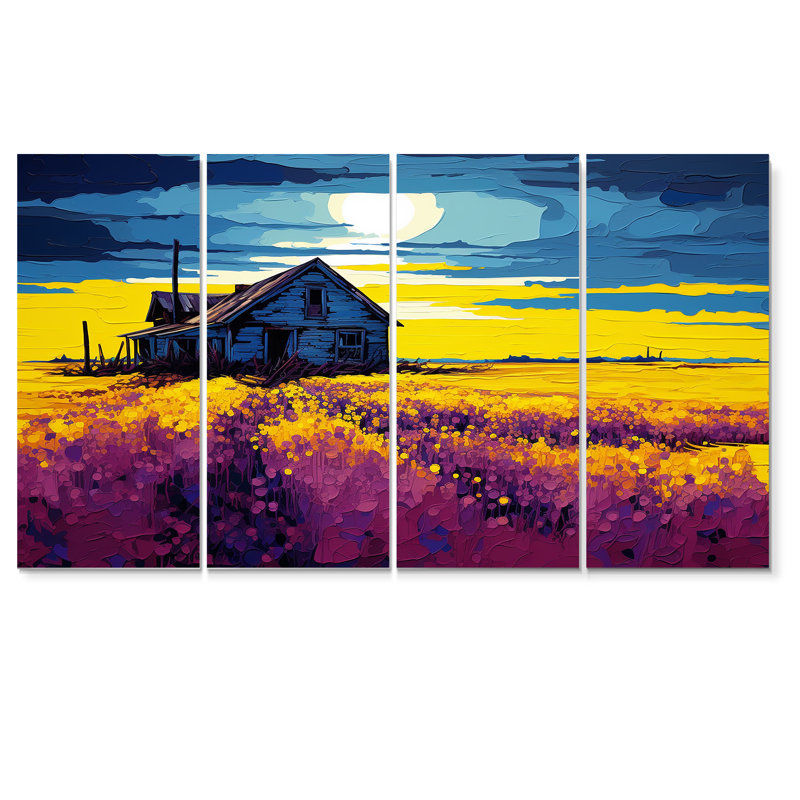 «White Country House Lavender Field Sunset», art mural sur toile 4 pièces, H 28 po x l 48 po