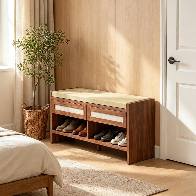 Banc à chaussures avec siège rembourré, 2 tiroirs en rotin et tablette de rangement ouverte