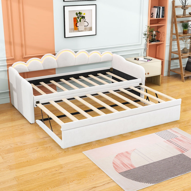 Twin XL Velvet Upholstered Daybed with LED Light and Lit Twin Trundle, White