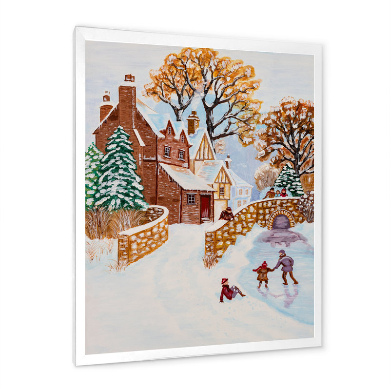 Enfants jouant pendant l'hiver de Noël - Peinture sur toile encadrée, H 32 po x l 16 po x P 1 po, Toile avec cadre blanc