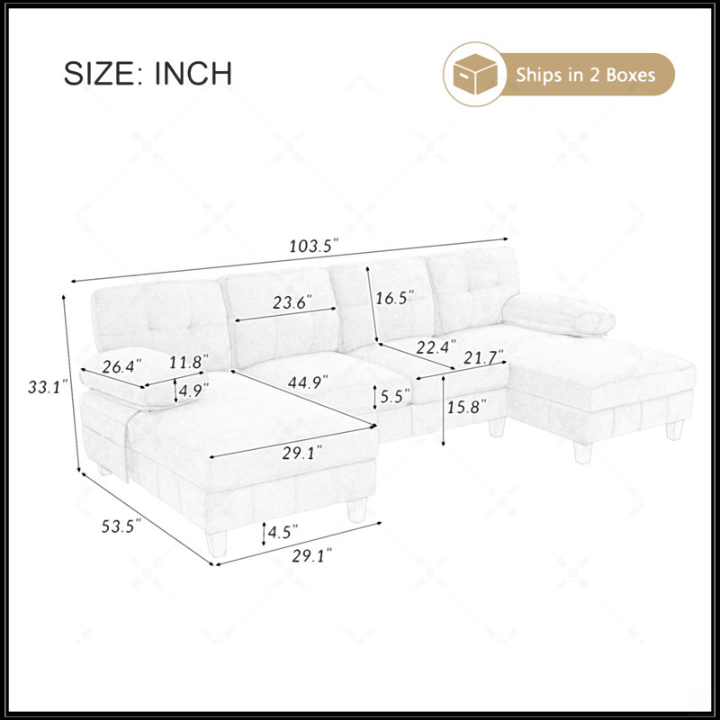 Canapé modulaire en U avec méridiennes doubles, poches de rangement et coussins d'accoudoirs pour un confort de salon spacieux