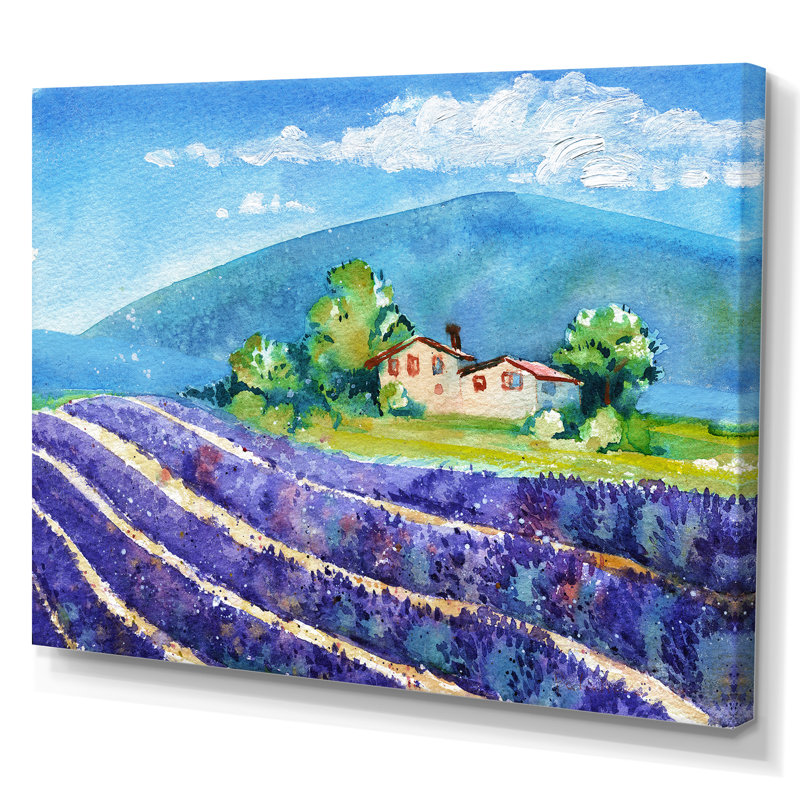 Beaux champs de lavande en fleurs avec maison - peinture sur toile, H 40 po x l 60 po, Toile tendue