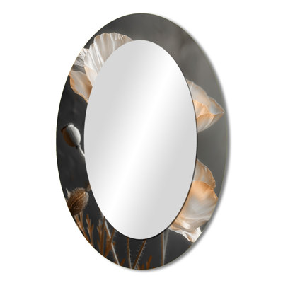 White Grey Vintage Glamour Poppies - White Modern Oval Wall Mirror