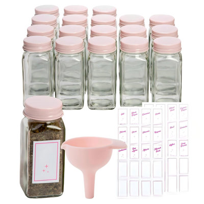 Ensemble de rangement en verre pour pots à épices, pots à épices vides de 4 onces avec étiquettes, capuchons de shaker et couvercles en métal, entonnoir pliable inclus, 20 pièces, rose