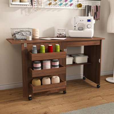 4-in-1 Folding Sewing Table with Storage Shelves and Lockable Wheels, Rolling Sewing Machine Cabinet for Craft Room and Small Spaces
