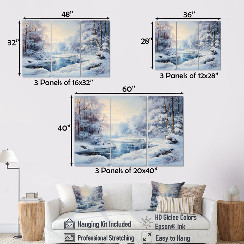Winter River Window View II - Winter Landscape, art mural, Toile tendue, H 40 po x l 60 po x P 1 po