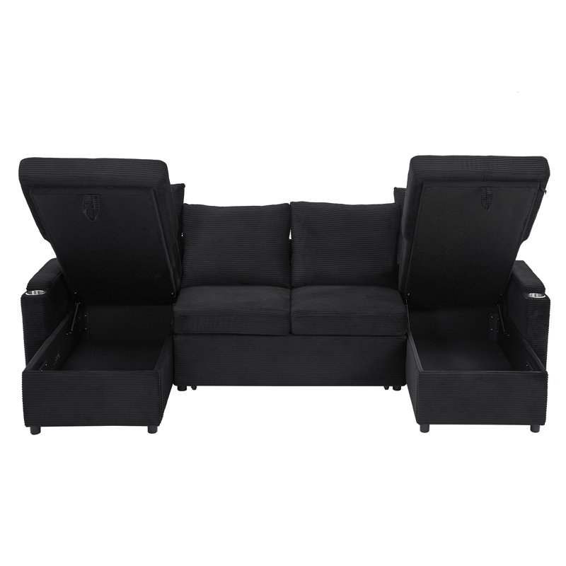 109.5" U-Shaped Sectional Sofa, Black Corduroy