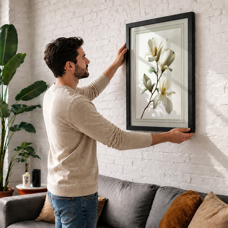 Single Stem in White Botanical - Framed Print, A4 - 29.7 x 21.0 cm, Black