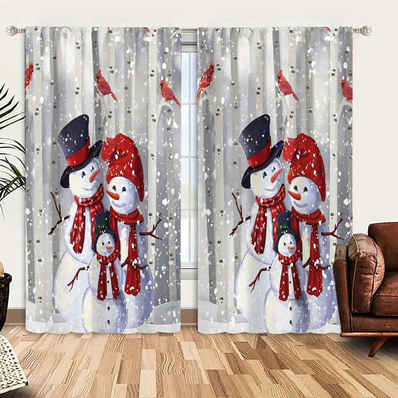 2Pcs Christmas Snowman Family Curtains Rod Pocket  Light Filtering Window Drapes with Red Cardinals Winter Design Holiday Treatments for Living Room Bedroom Kitchen Office Grey Snowflake Pattern Privacy