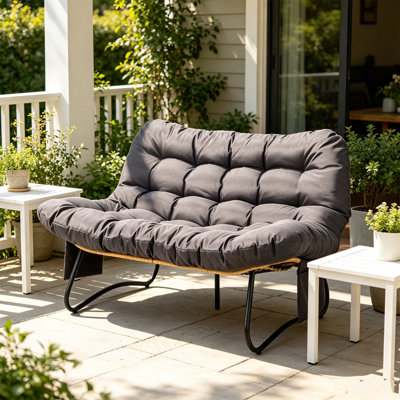 Causeuse d'extérieur double 52 po en osier 52 po, fauteuil de patio 2 places avec coussin et poches latérales, structure en métal noir pour porche, cour arrière, salon