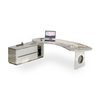 Gray Rectangular Stone+Solid Wood+Stainless Steel with 4 drawers desk