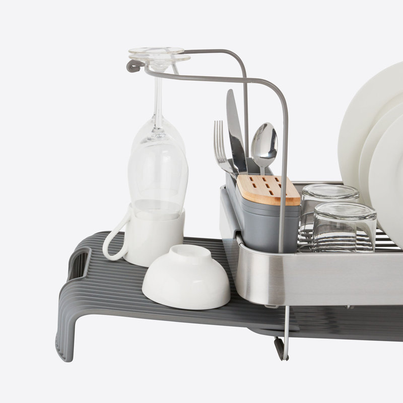 Gray Metal Expandable Dish Rack with Utensil Cup