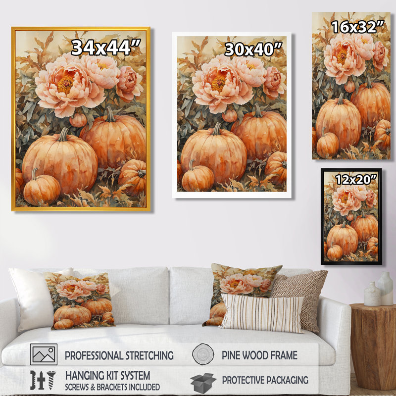Pe pivoines parmi les citrouilles - pivoines, art mural, Argent argent, Reproduction avec cadre flottant, H 32 po x l 16 po