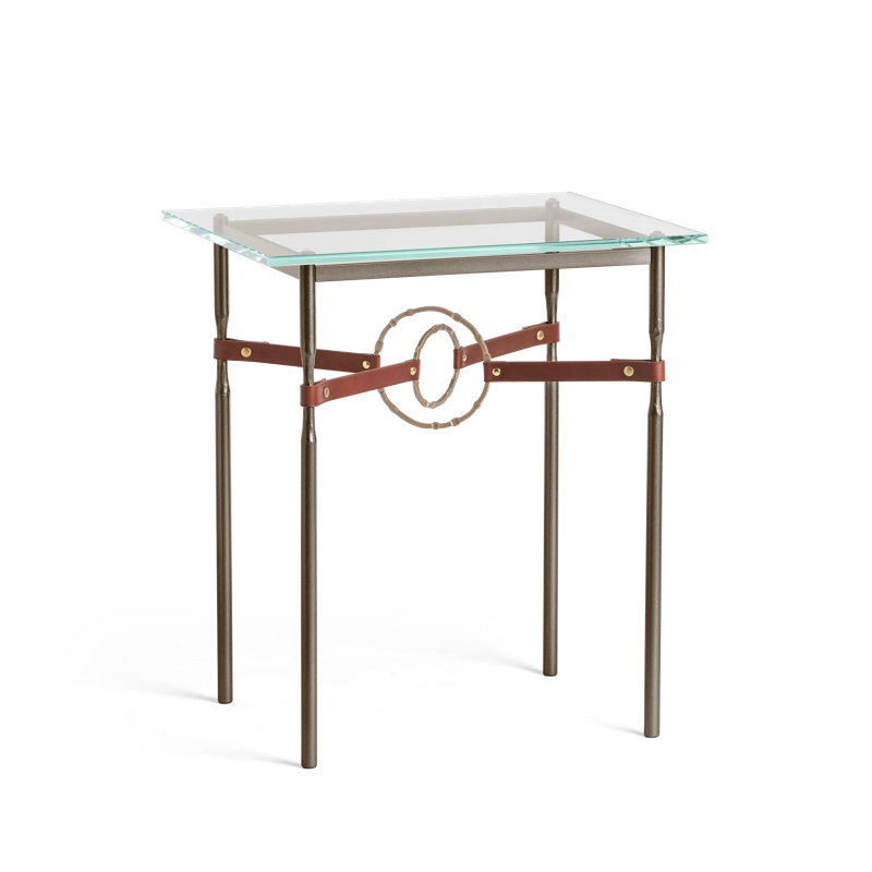 Equus Glass Top Side Table, Soft Gold with British Brown Leather, Bronze