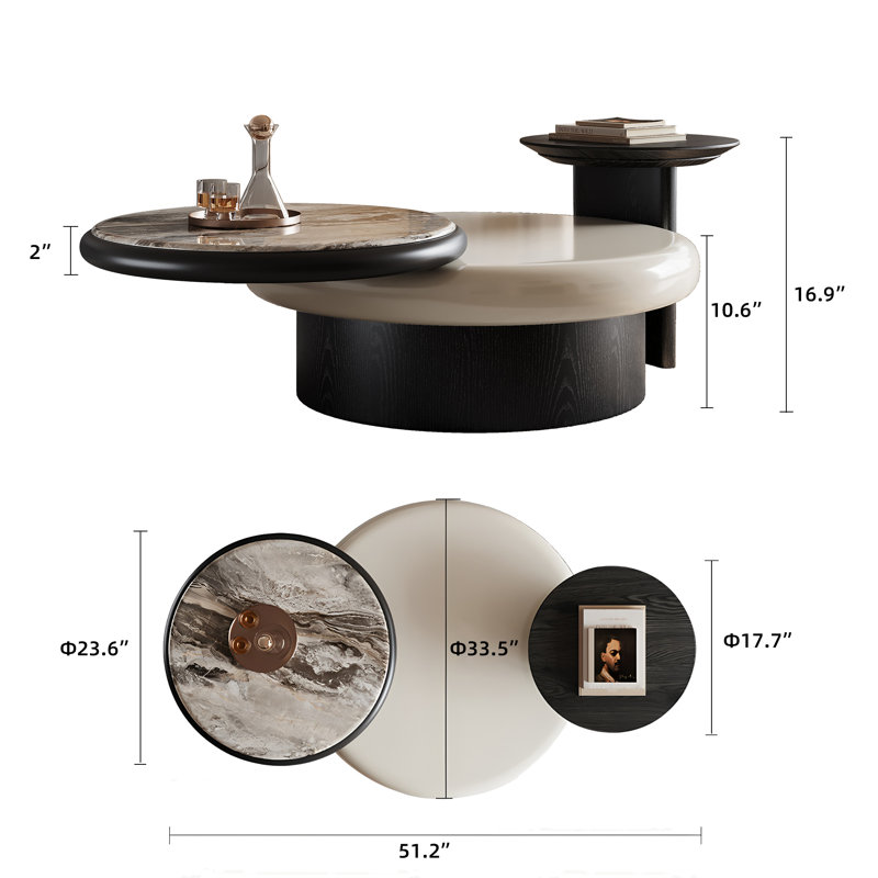 Rotatable Solid Wood Coffee Table With Microcrystalline Stone Countertop