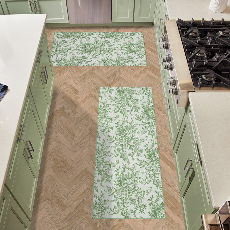 Sage Green and Ivory Floral Chenille Washable Runner Rug Set