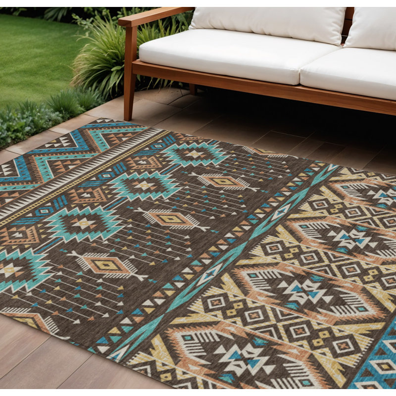 Tapis intérieur / extérieur 8 pi x 10 pi brun bleu sarcelle et corail aztèque lavable