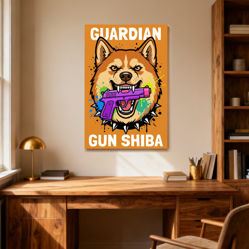 Chien Shiba avec pistolet et animaux, H 24 po x l 16 po