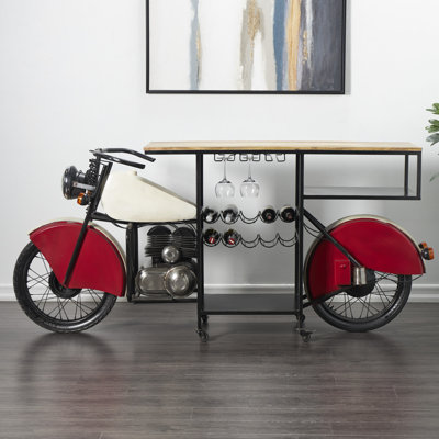 Jasiel Metal Vintage Style 10 Bottle Red Motorcycle Bar with Wood Bar Top and Red Accents