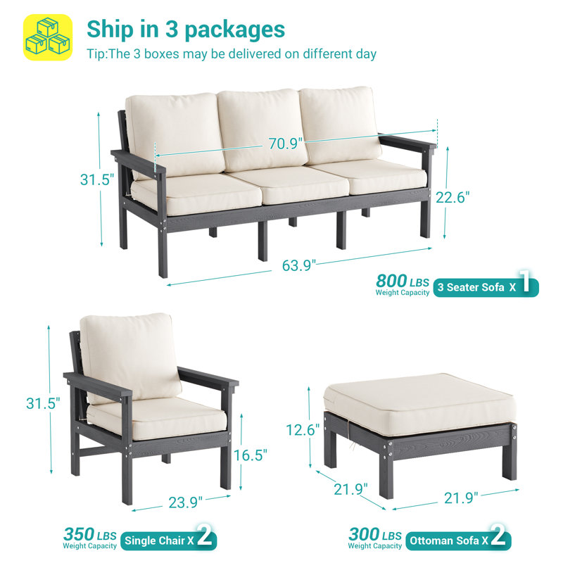  5 Piece HIPS Outdoor Sofa Set with Fade-Resistant & Extra Thick Cushions, Outdoor Sectional with Ottoman for Patio, Yard, Garden