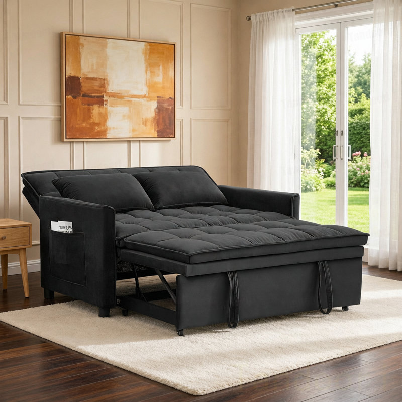 Canapé-lit convertible en velours, canapé-lit réglable à 5 positions avec lit escamotable et poche de rangement latérale, canapé-lit multifonctionnel 2-en-1