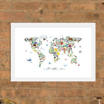 « Animal Map of the World », impression, Cadre blanc, H 24 po x l 32 po x P 1 po