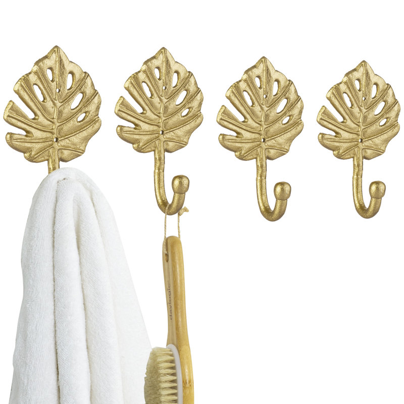 Set of 4 Vintage Gold Tone Metal Monstera Leaf Wall Mounted Coat Hooks, Decorative Entryway Towel, Robe, Hat & Bag Storage Hangers