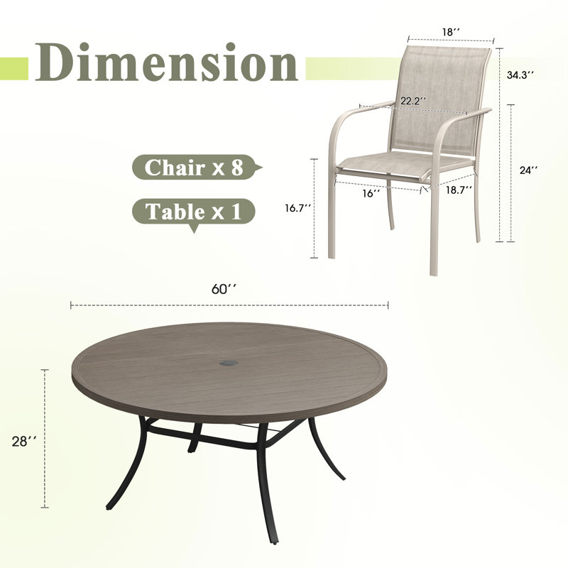 8-Person Round Patio Dining Set with 60" Dining Table and 8 Stackable PVC-coated polyester Chairs, Brush Wood Gray/Sandshell