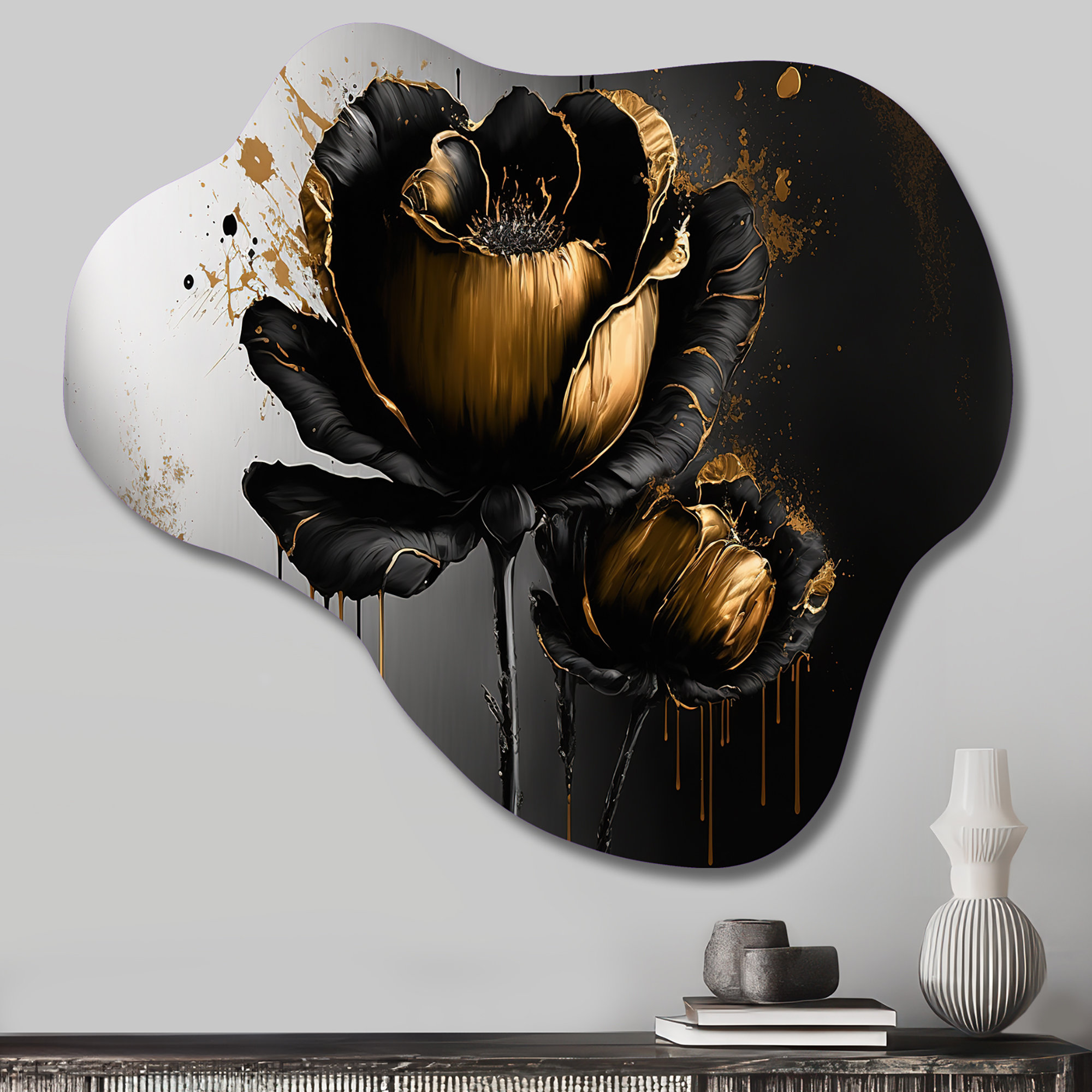 Metal Panel Crocus Lark Manor™ Black And Gold Crocus Floral Design II - Asymmetrical ...