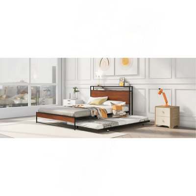 Queen Size Metal Platform Bed Frame With Trundle, USB Ports And Slat Support ,No Box Spring Needed Black