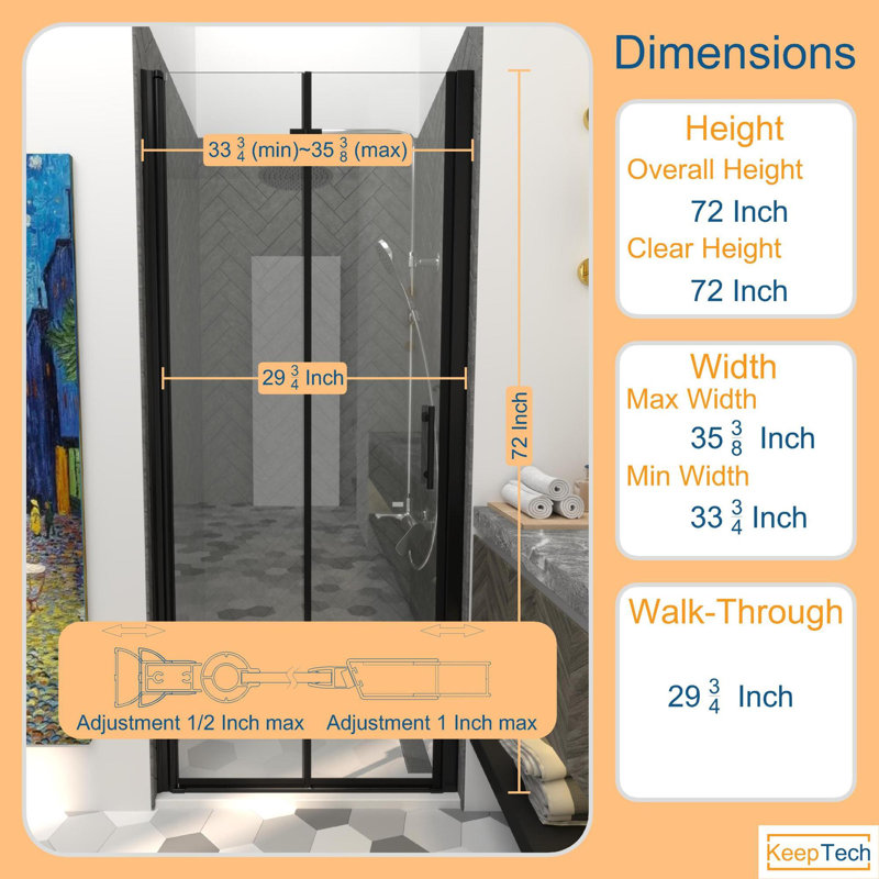 Porte de douche pliante sans cadre KeepTech de 34 x 72 po x l 35,5 po x H 72 po, finition noire mate, verre trempé transparent de 1/4 po (6 mm) de style GSC, portes de douche pliantes à panneaux pliantes, installation réversible, certification ANSI, st