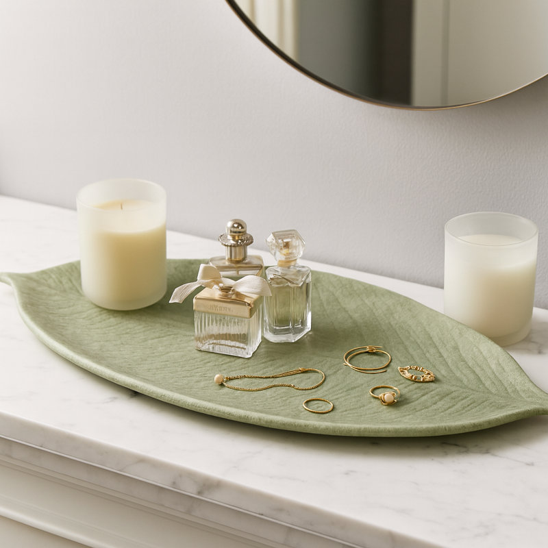 Decorative Resin Leaf Tray for Coffee Table Decor - Casual Home Decor Accent Tray for Ottoman, Jewelry, Trinket, or Kitchen Counter - 19", Green