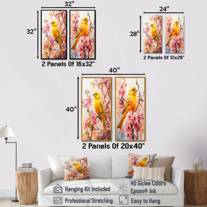 «Golden Finch parmi les fleurs roses», art mural 2 pièces, H 40 po x l 41 po, Encadrement argenté